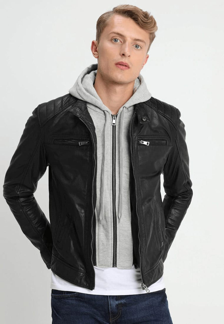Men's Black Leather Removable Gray Hood Biker Jacket