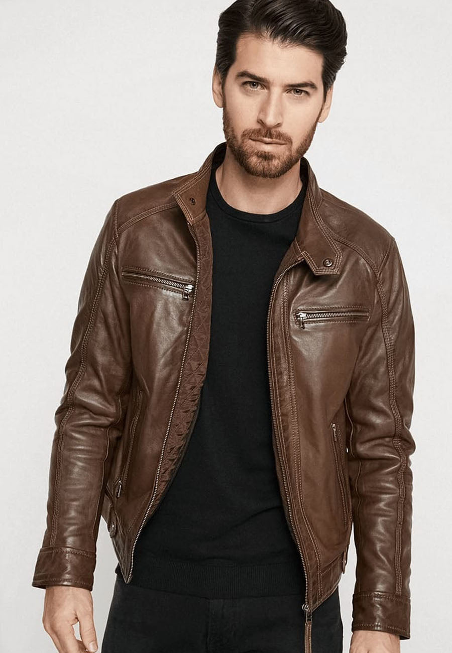 Men's Chocolate Brown Leather Jacket Removable Hood