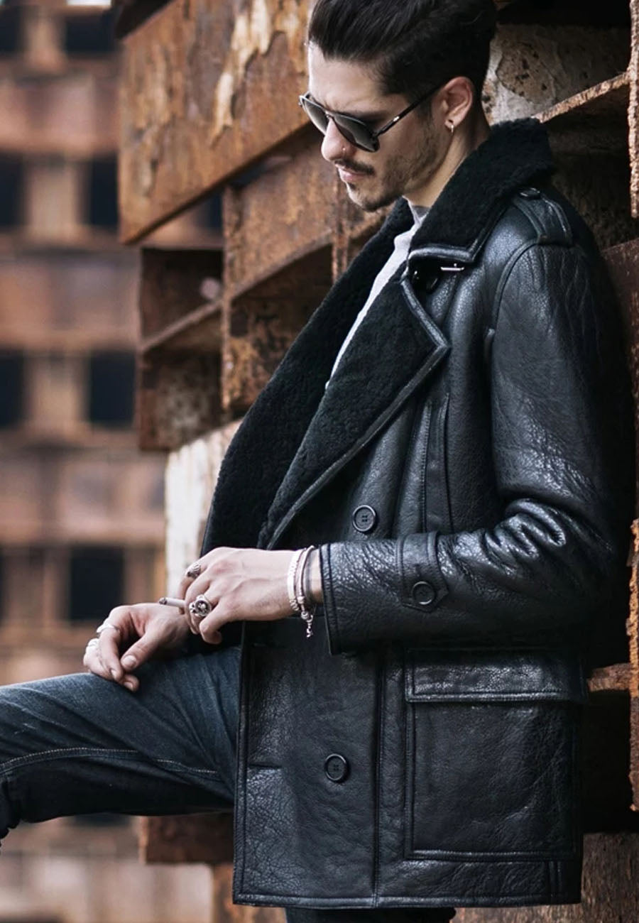 Men’s Black Leather Shearling Long Coat