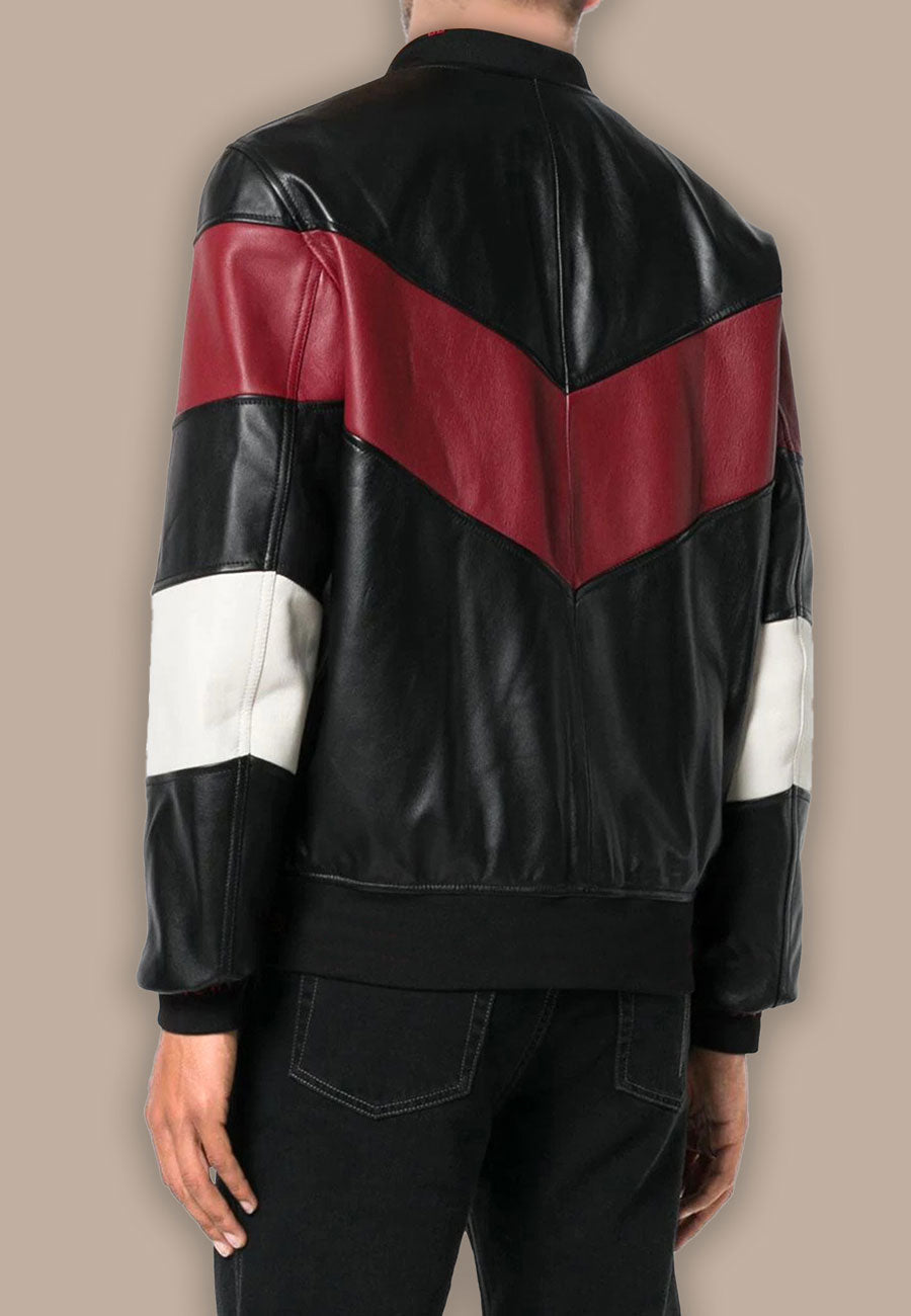 Men's Black Leather Red White Stripe Bomber Jacket