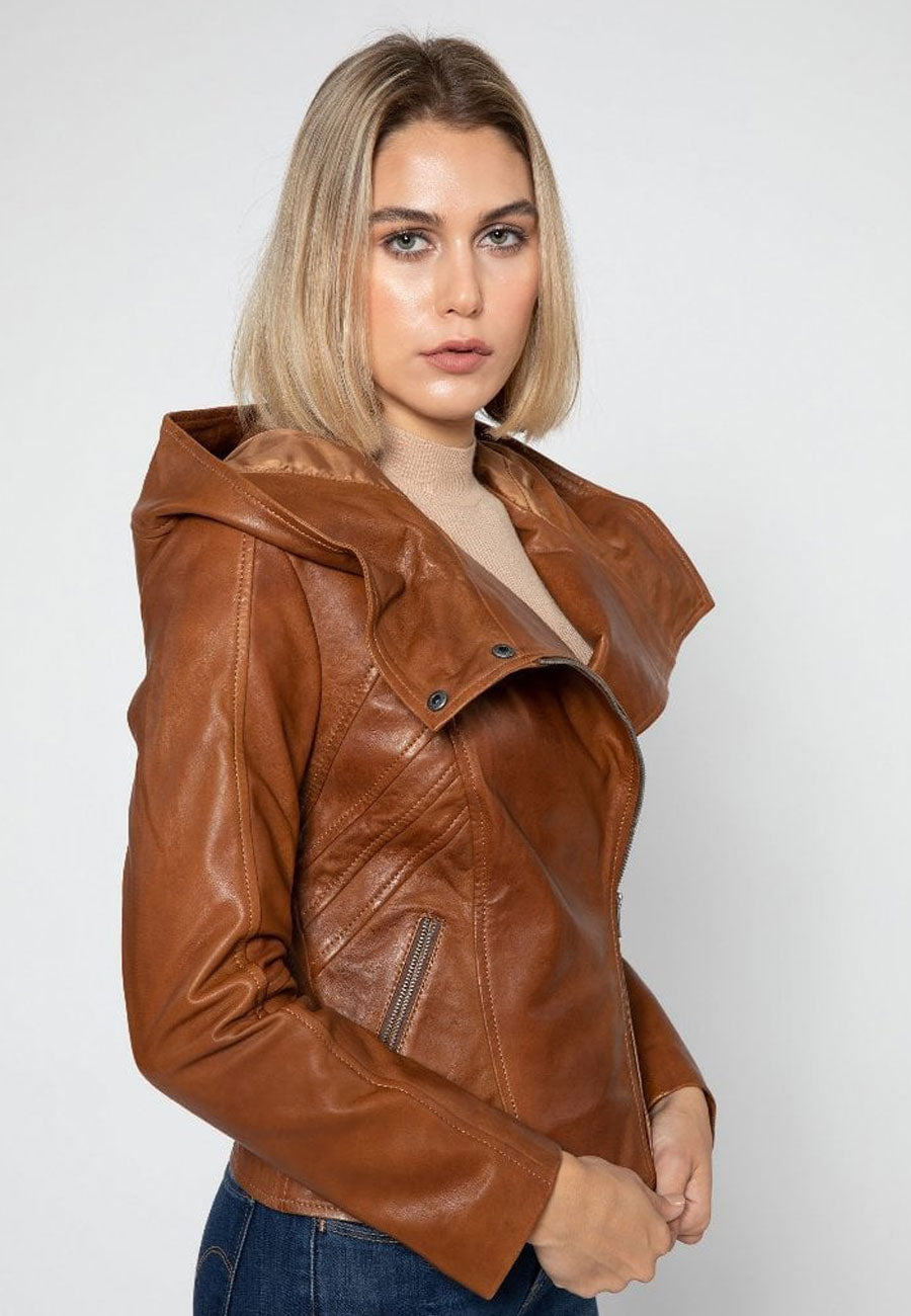 Women's Tan Brown Leather Hooded Biker Jacket