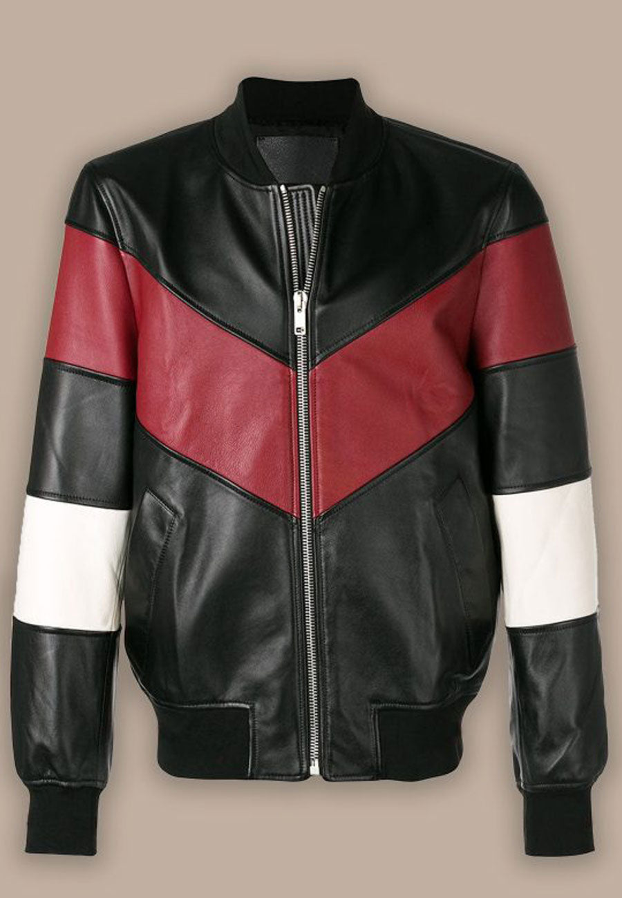 Men's Black Leather Red White Stripe Bomber Jacket
