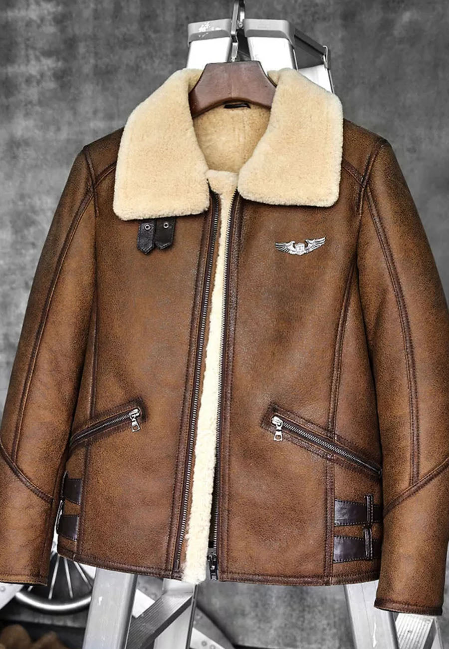 Men’s Aviator Camel Brown Leather Shearling Jacket