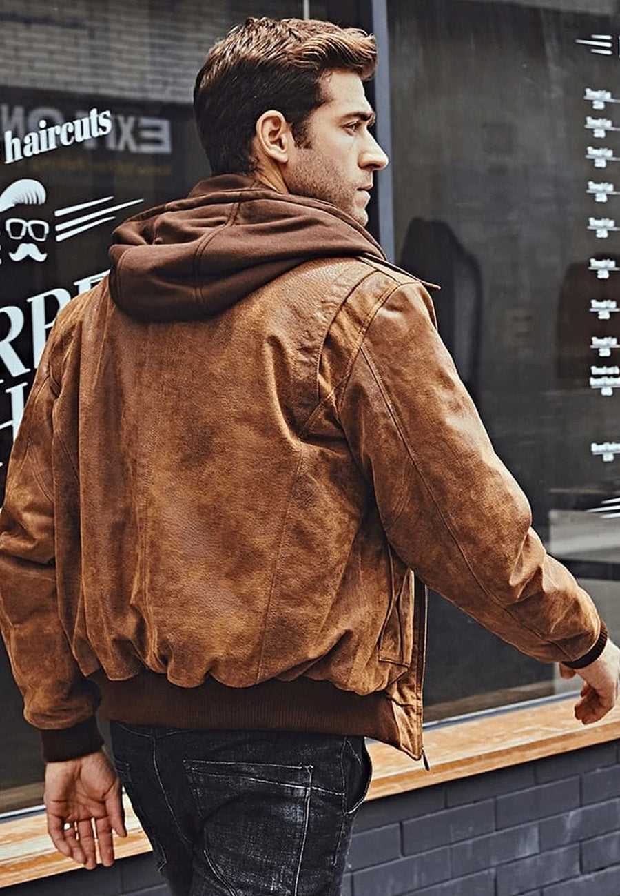 Men’s Tan Brown Distressed Leather Removable Hood Bomber Jacket