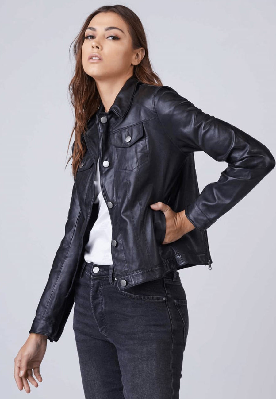 Women’s Black Leather Trucker Jacket