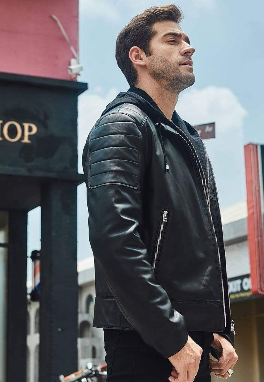 Men's Black Leather Removable Hood Biker Jacket