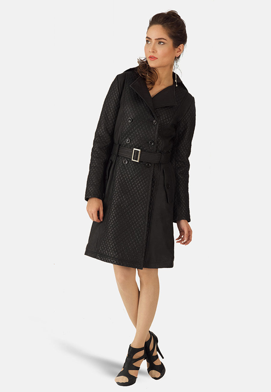Women's Black Leather Trench Coat