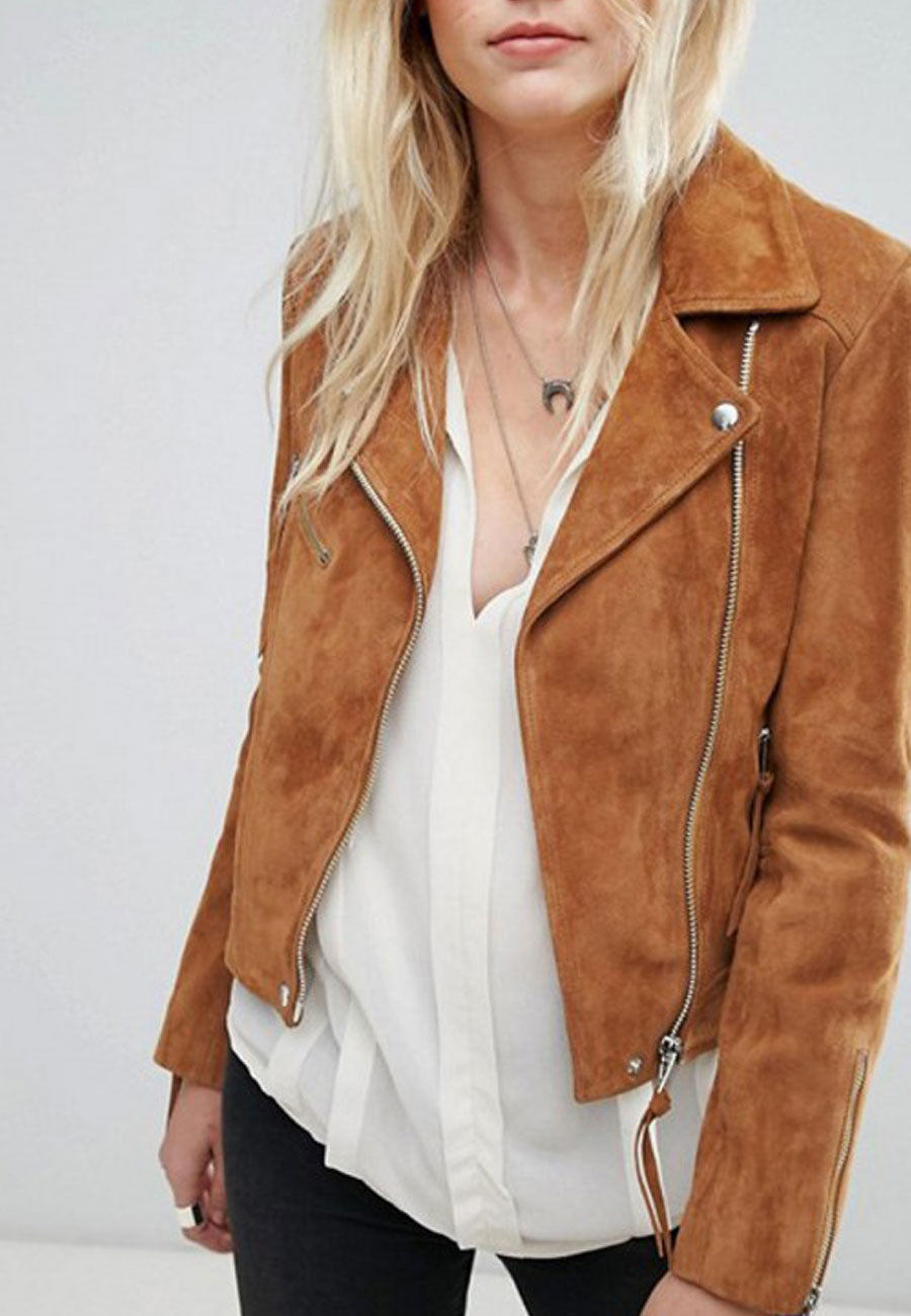 Women’s Tan Brown Suede Leather Biker Jacket