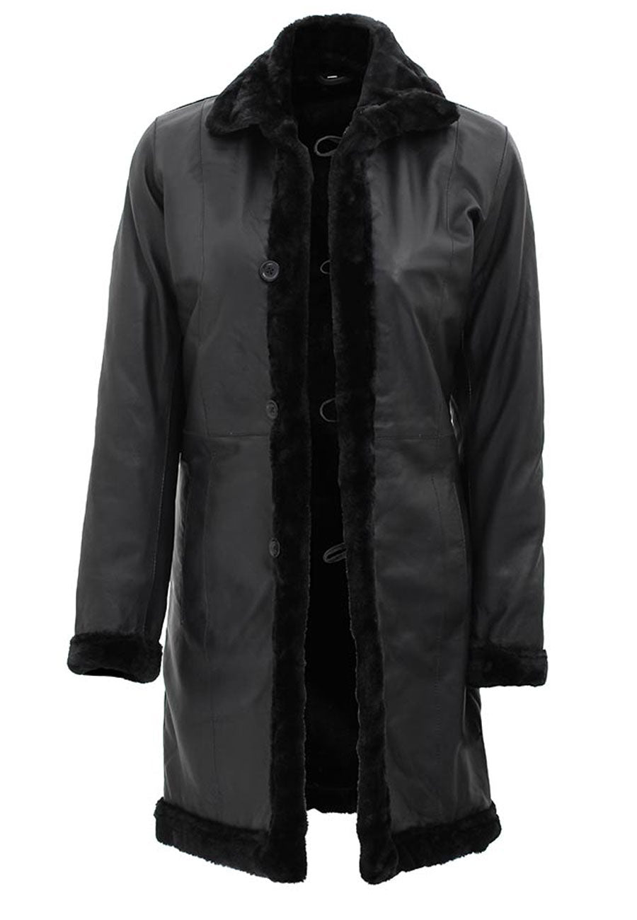 Women’s Black Leather Shearling Long Coat