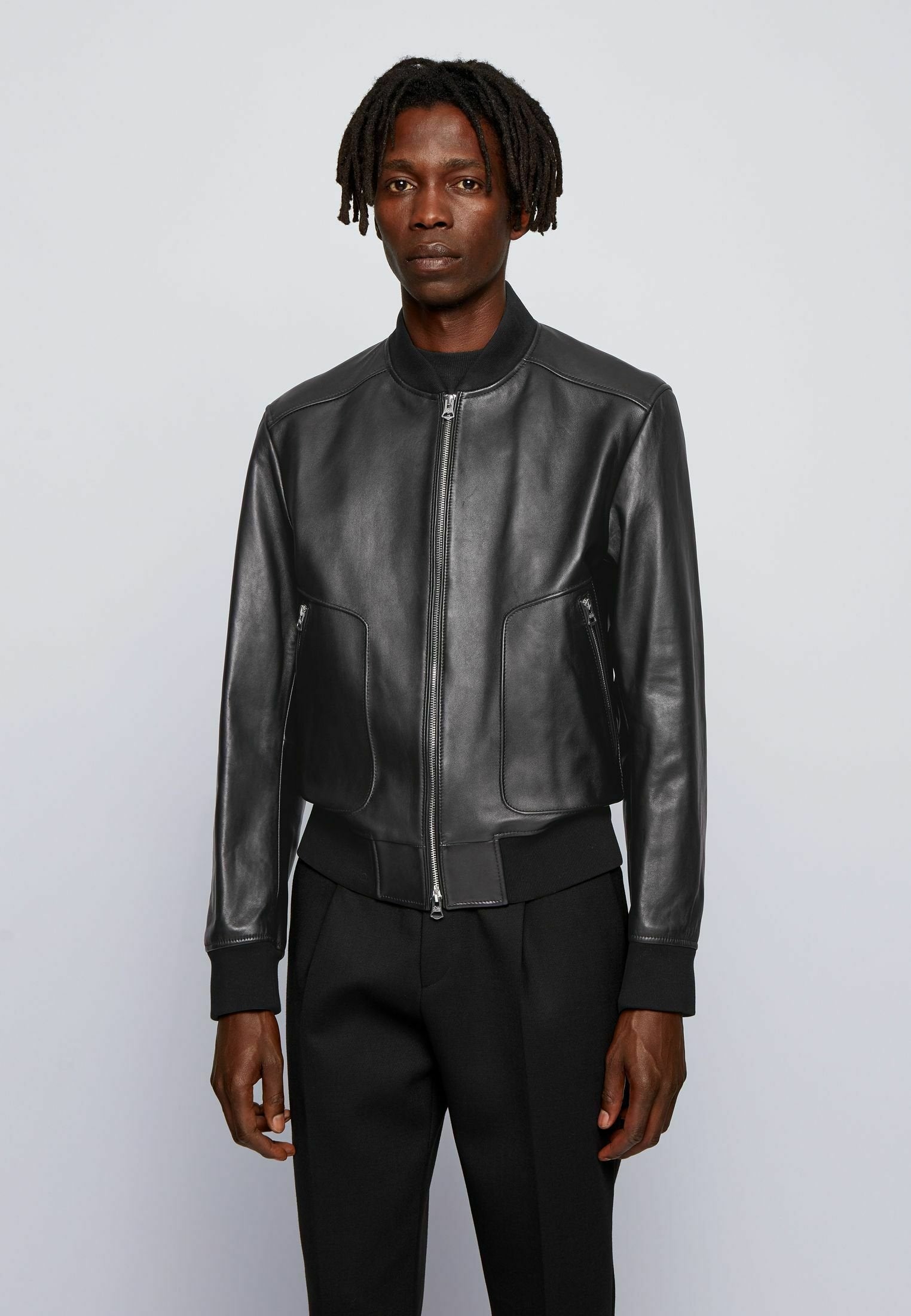 Men’s Black Leather Bomber Jacket