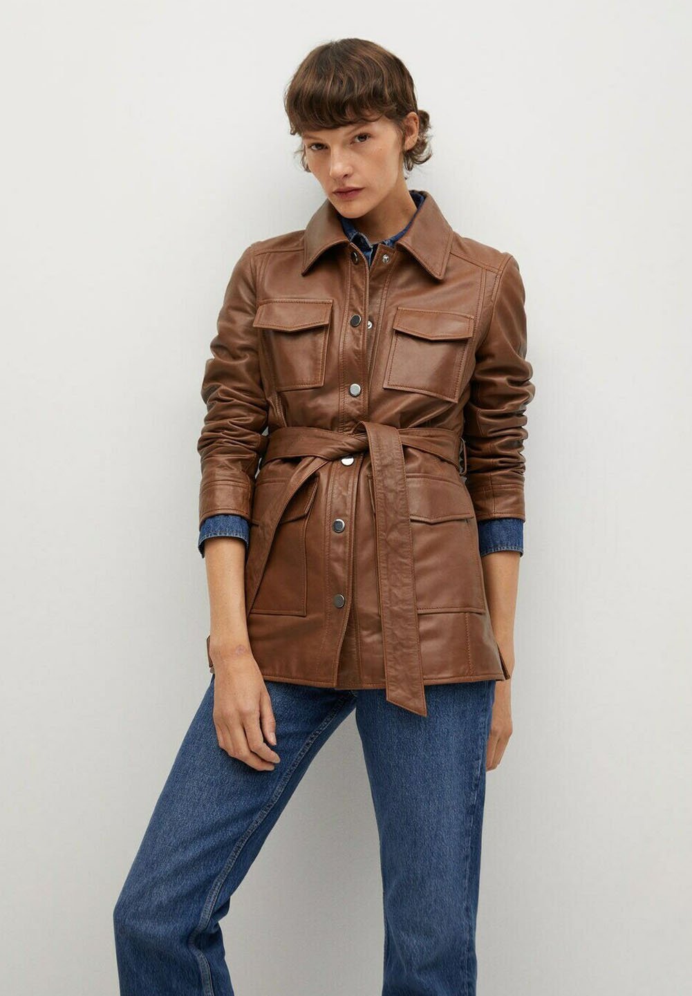 Women’s Tan Brown Leather Trucker Coat