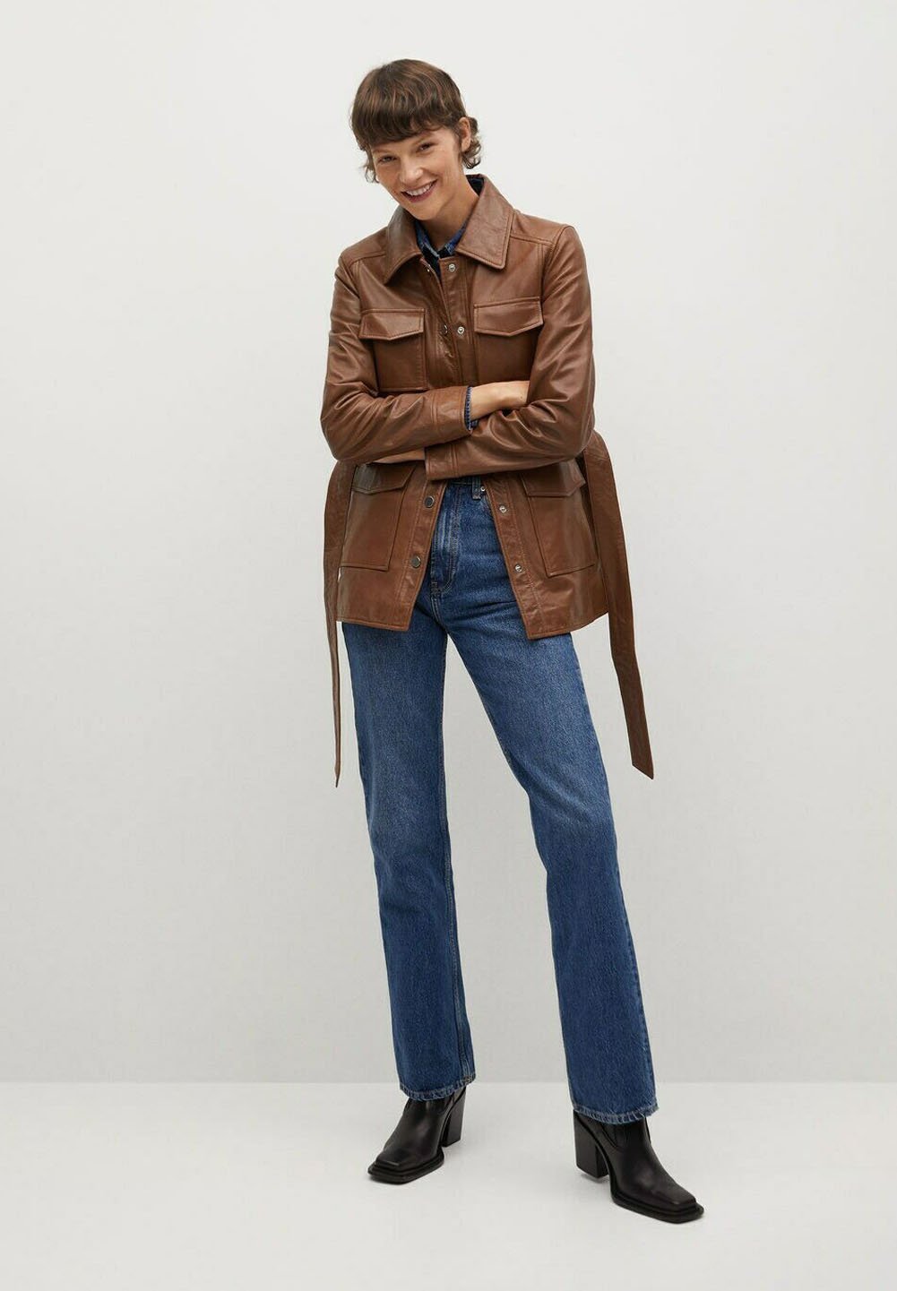 Women’s Tan Brown Leather Trucker Coat