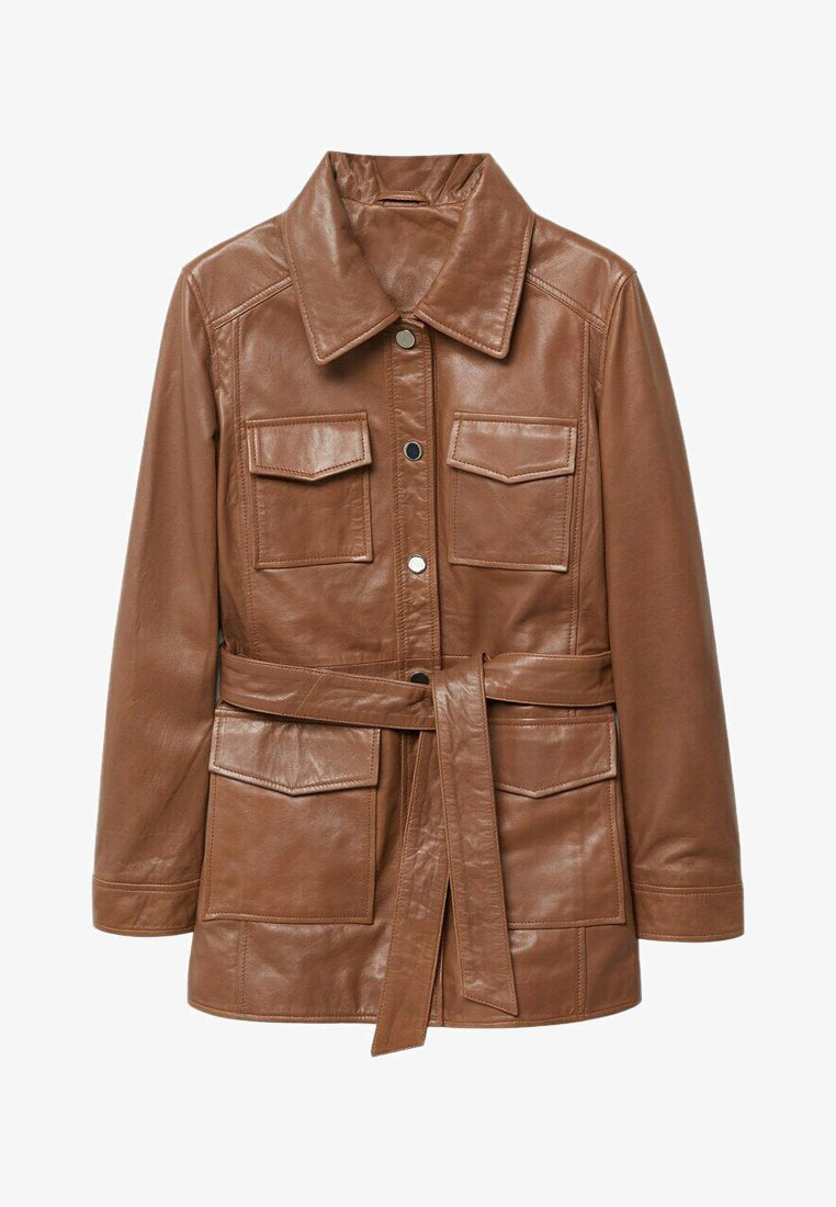 Women’s Tan Brown Leather Trucker Coat