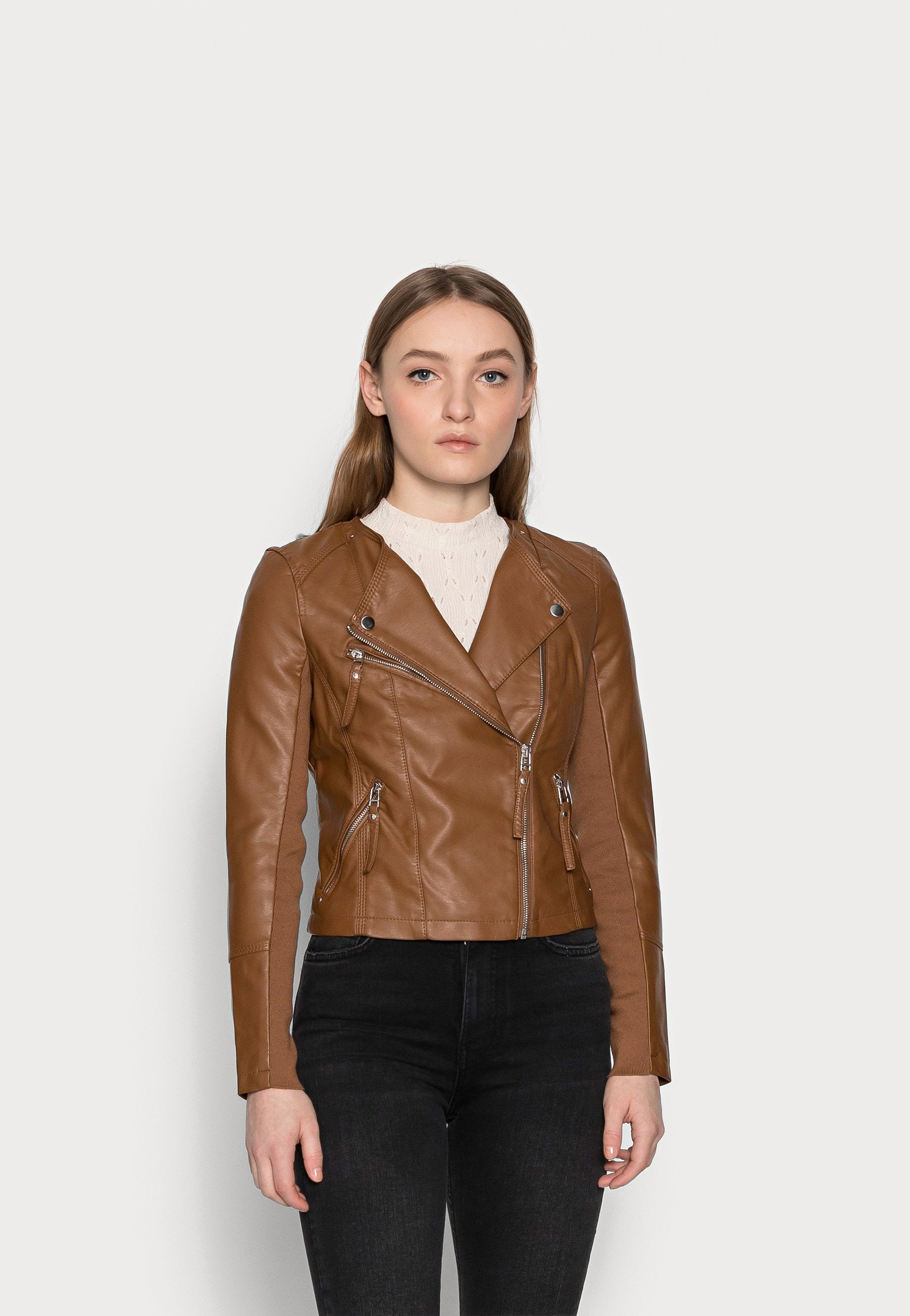 Women's Tan Brown Leather Biker Jacket