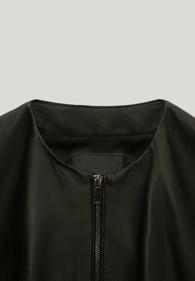 Women’s Black Leather Jacket Crew Neck