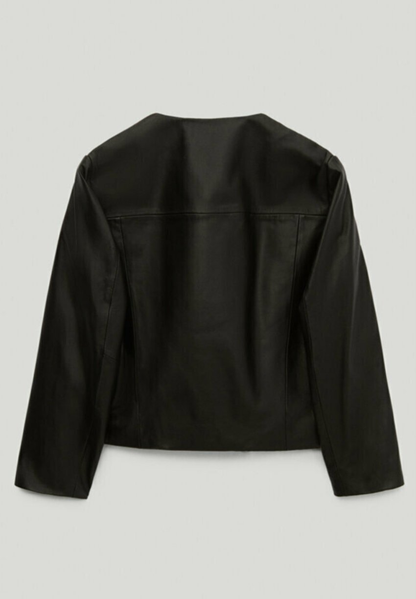Women’s Black Leather Jacket Crew Neck