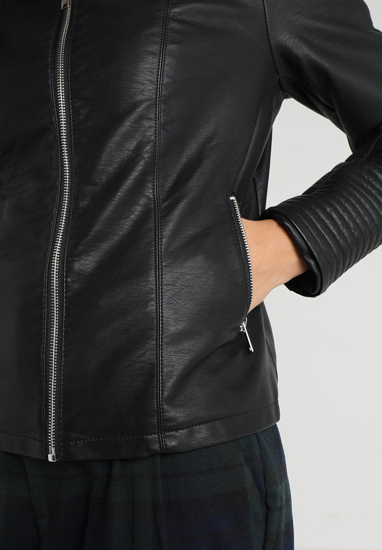 Women’s Black Leather Biker Jacket Ban Collar
