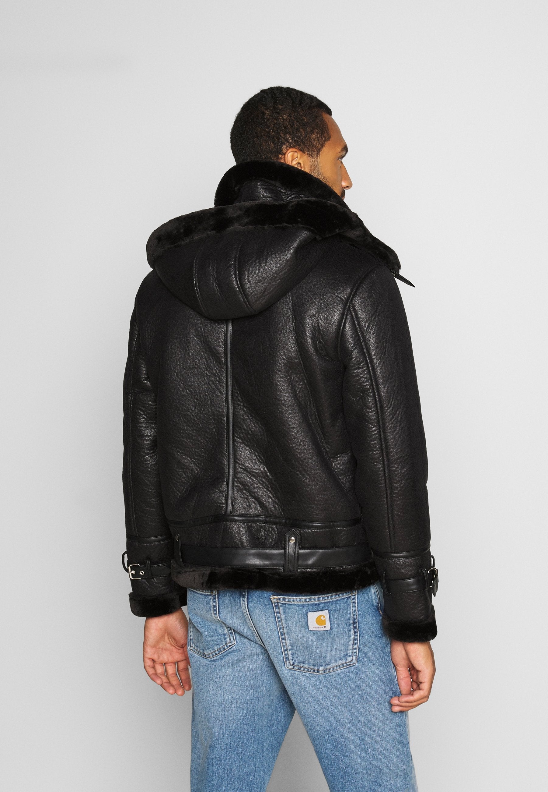 Men’s Aviator Removable Hood Black Leather Shearling Jacket