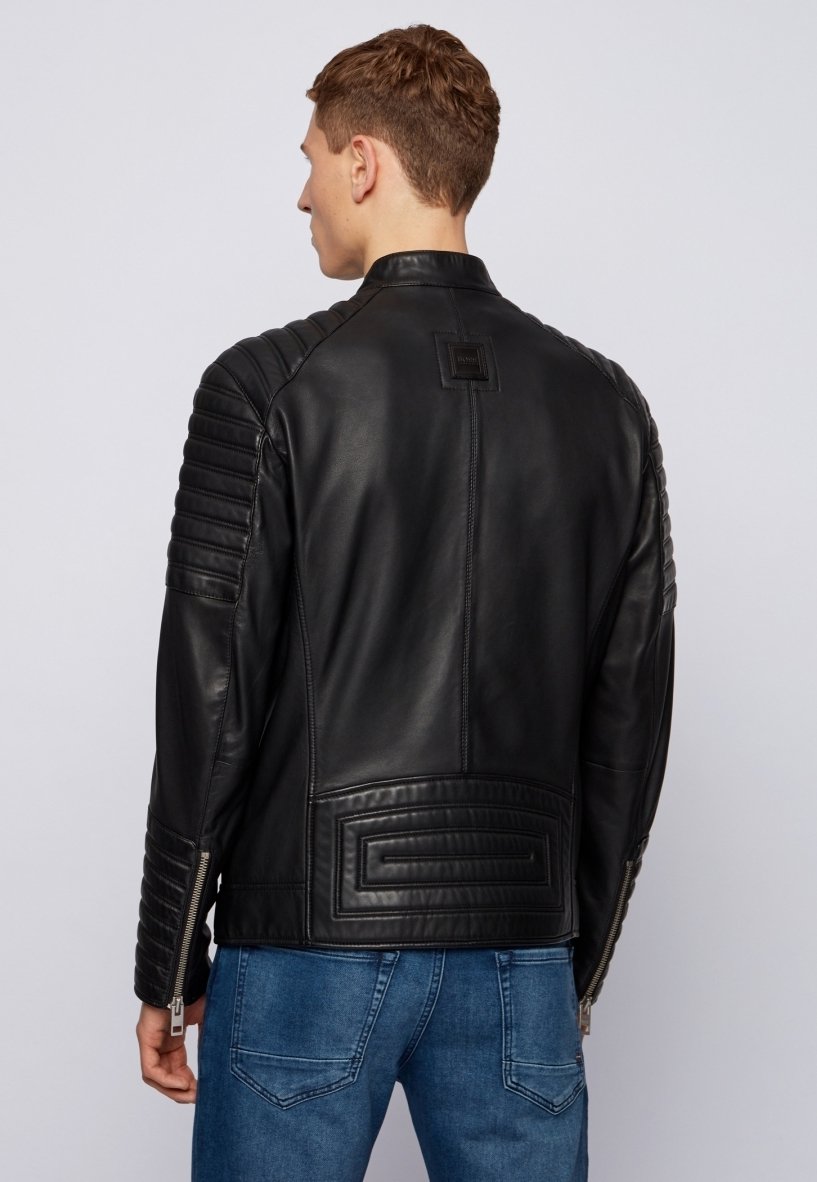 Men’s Black Leather Crew Neck Biker Jacket