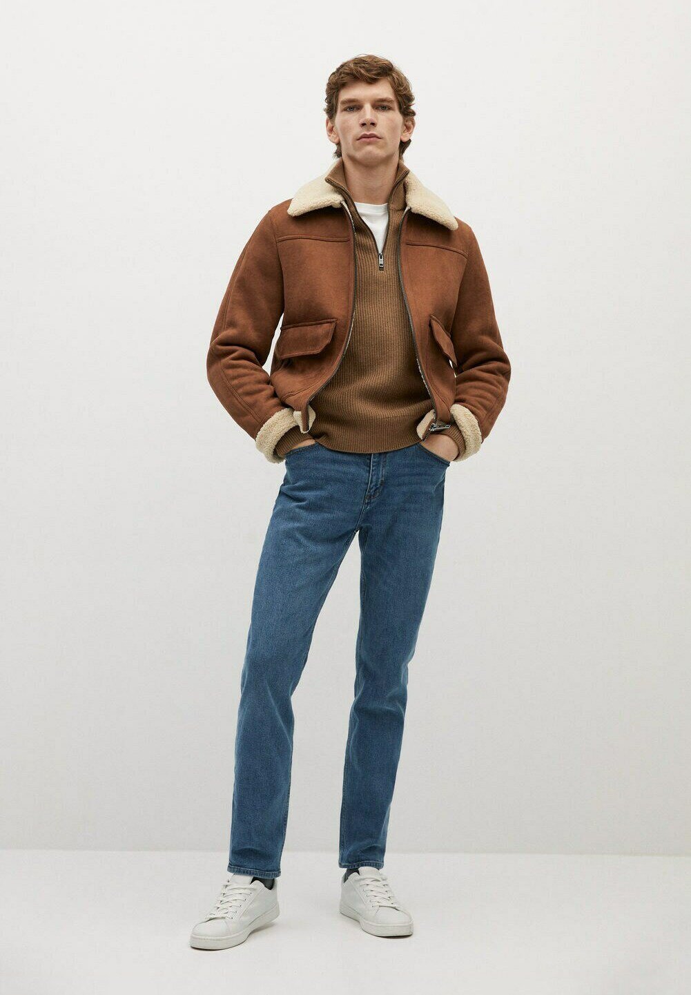 Men's Aviator Tan Brown Leather Shearling Jacket