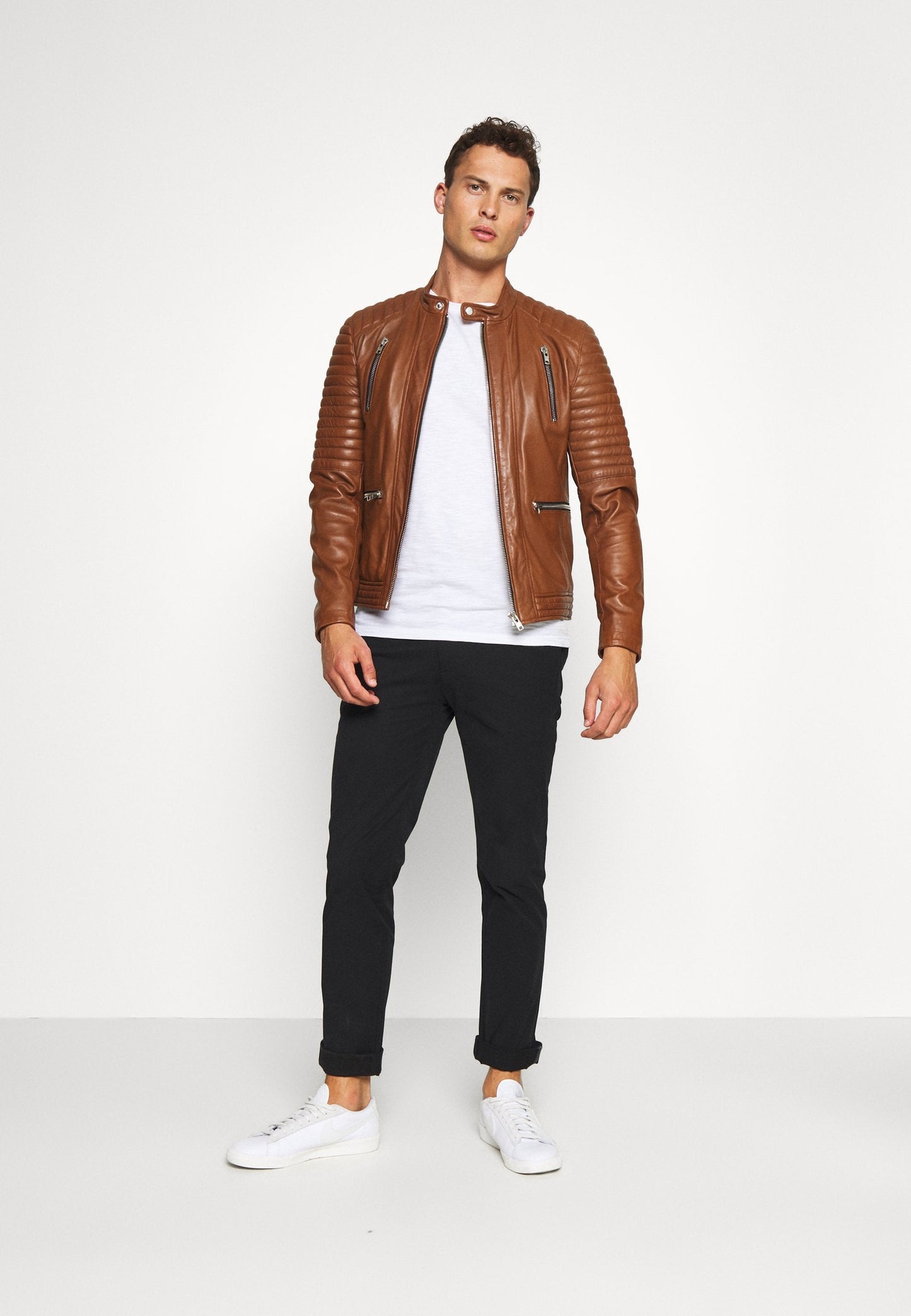 Men's Tan Brown Leather Biker Jacket