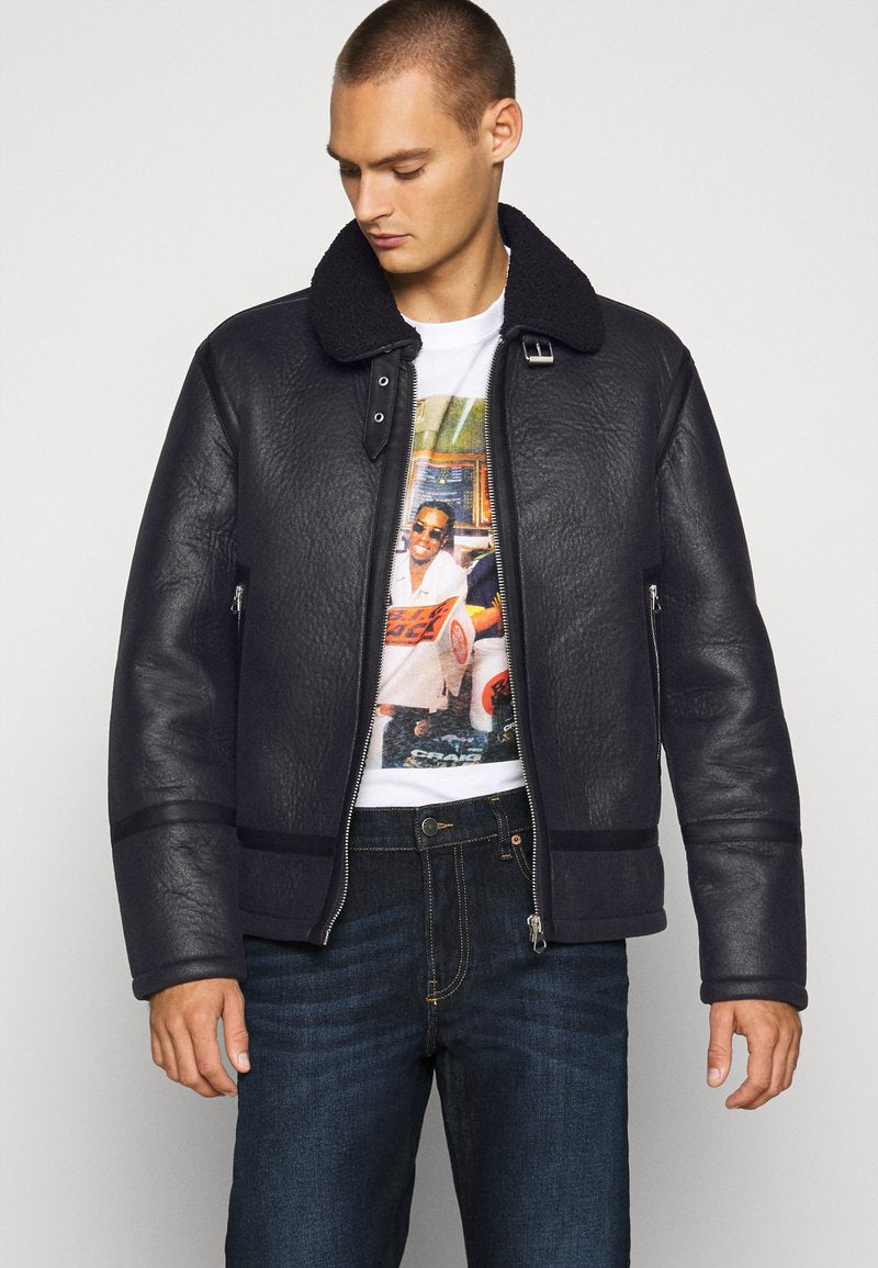 Men's Aviator Black Leather Shearling Jacket