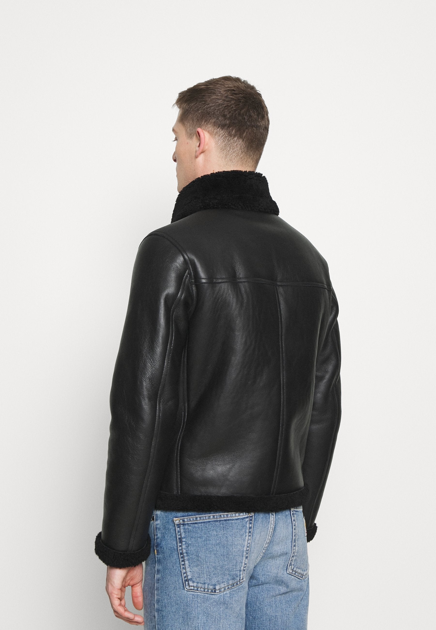 Men's Biker Black Leather Shearling Jacket