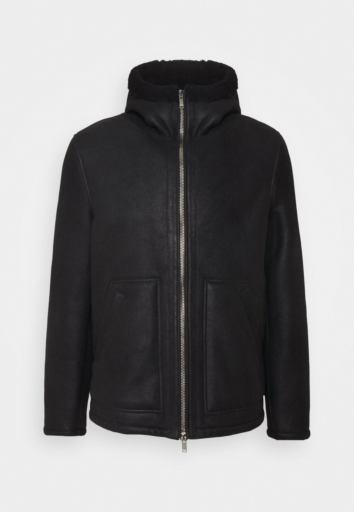 Men's Black Leather Shearling Hooded Jacket