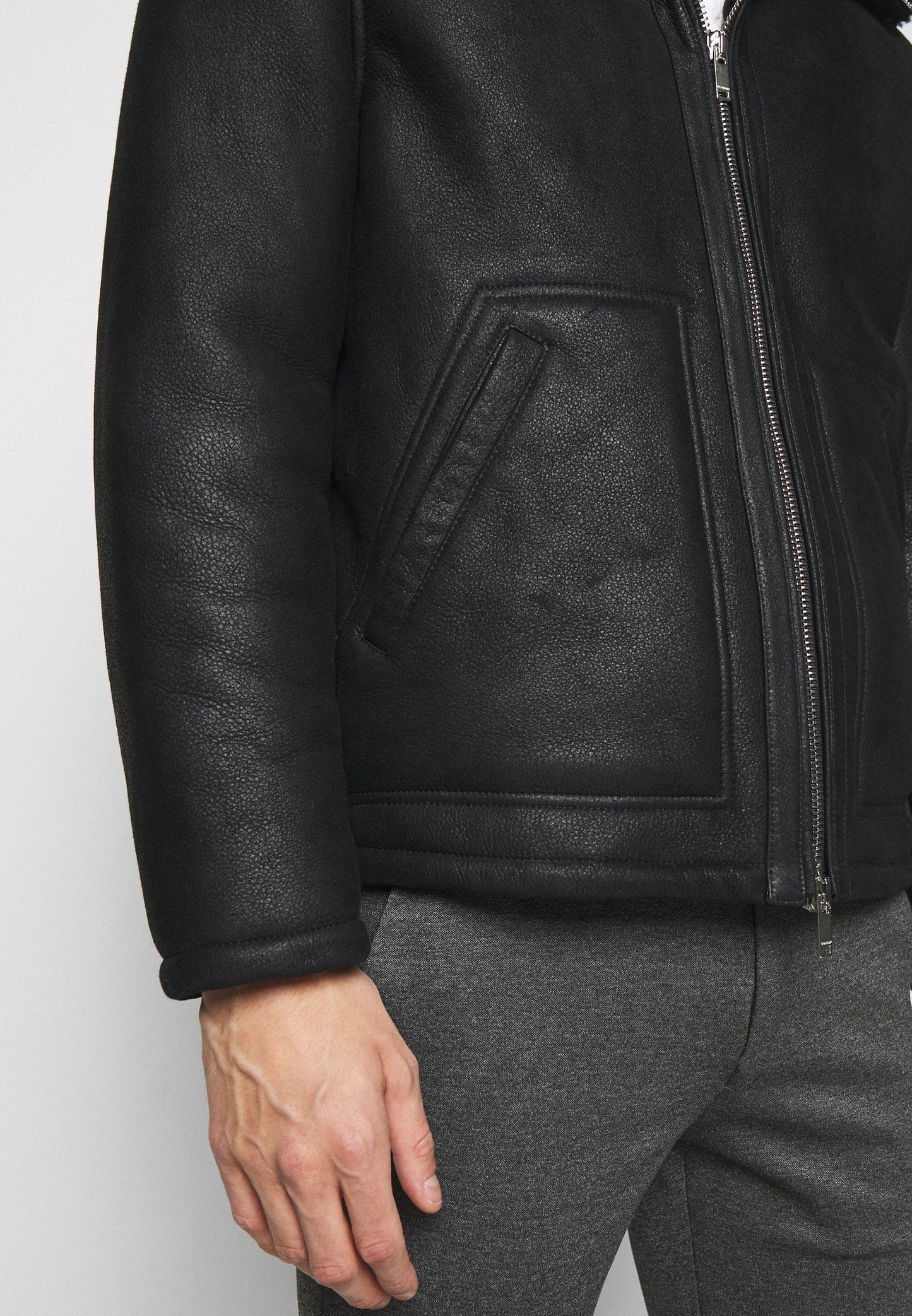 Men's Black Leather Shearling Hooded Jacket