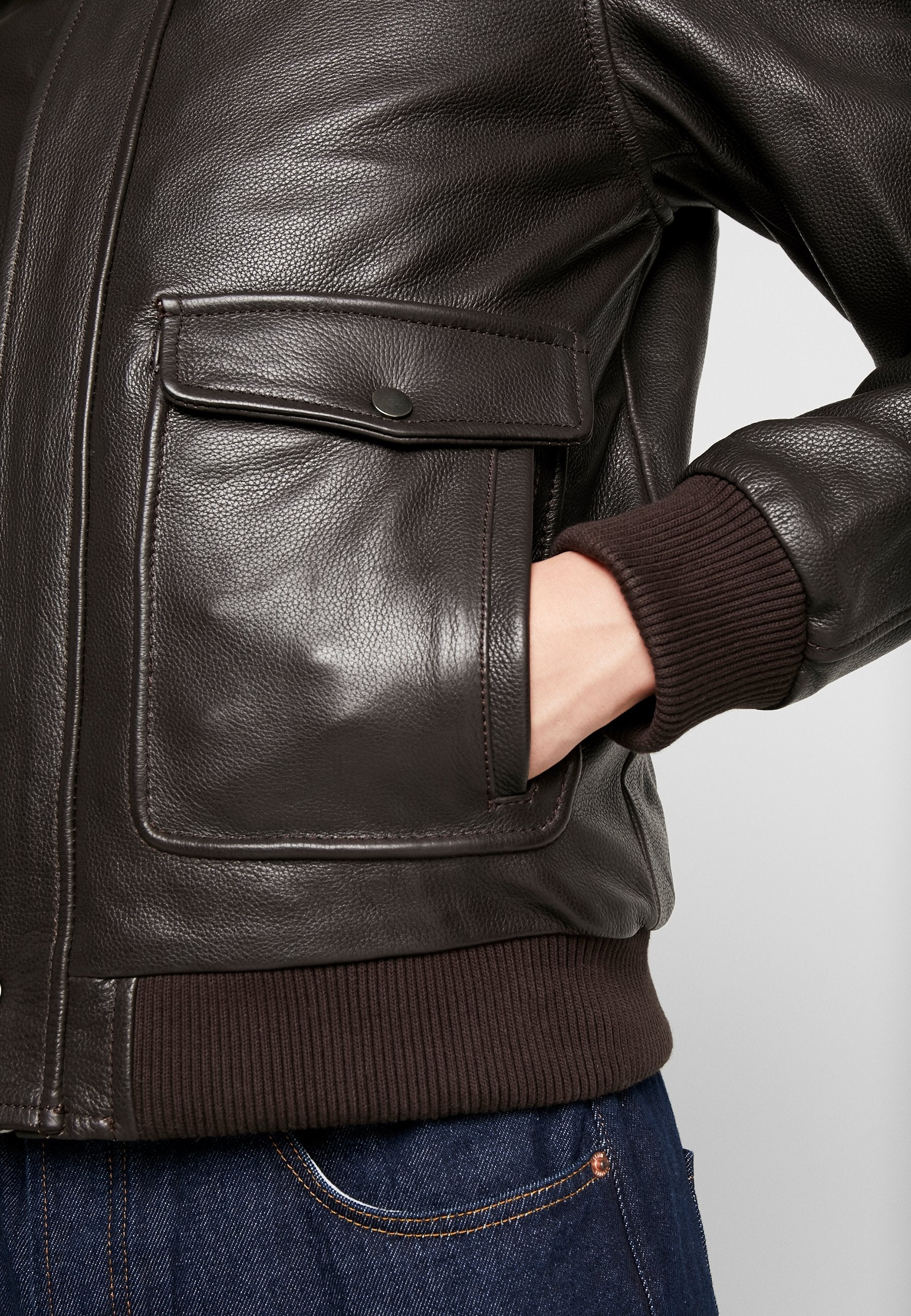 Men's Dark Brown Leather Fur Collar Bomber Jacket