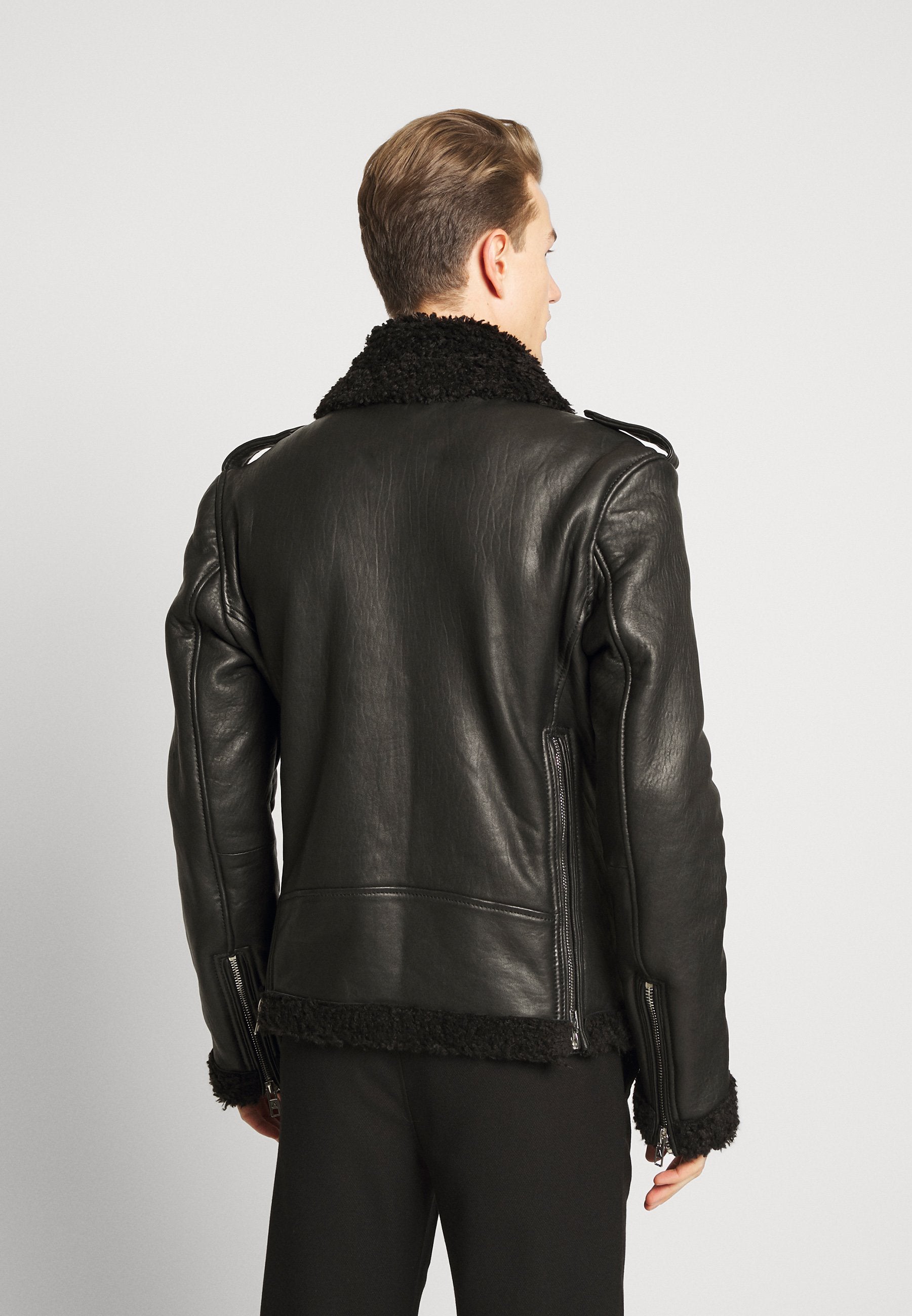 Men's Black Leather Black Shearling Biker Jacket