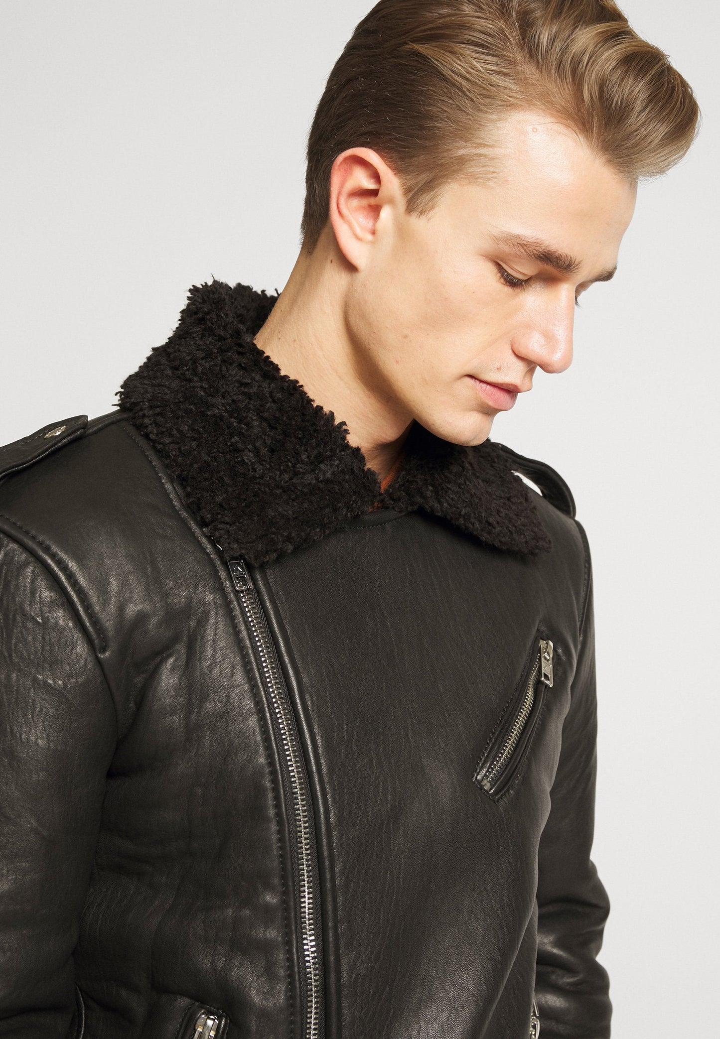 Men's Black Leather Black Shearling Biker Jacket