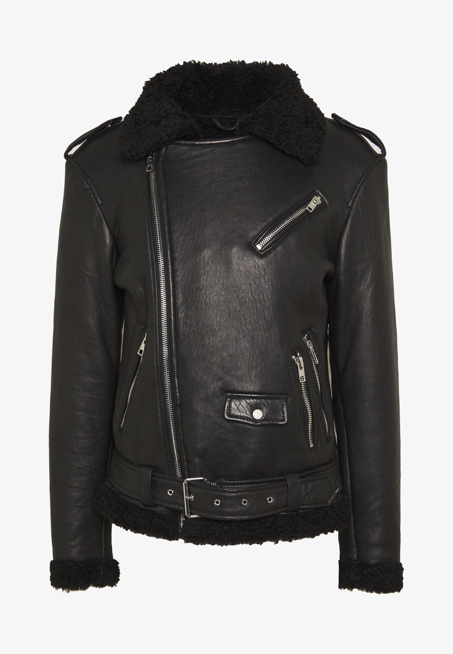 Men's Black Leather Black Shearling Biker Jacket