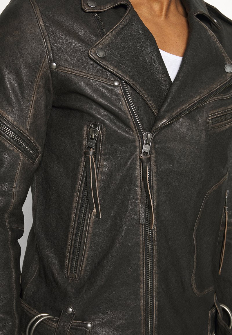 Black Leather Distressed Biker Jacket for Men
