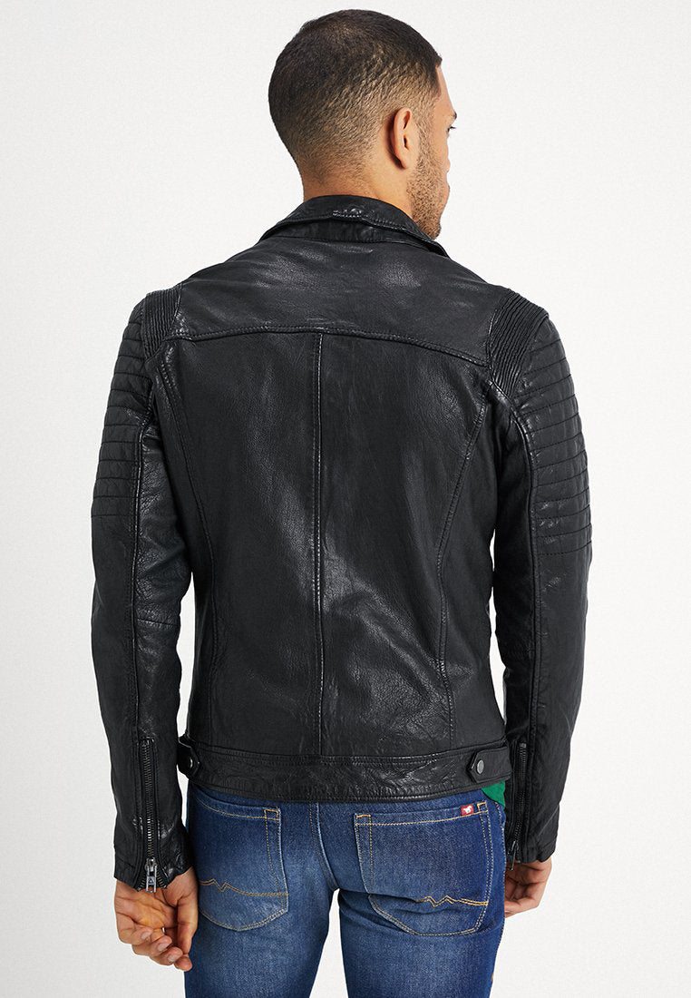 Men's Black Leather Moto Distressed Biker Jacket