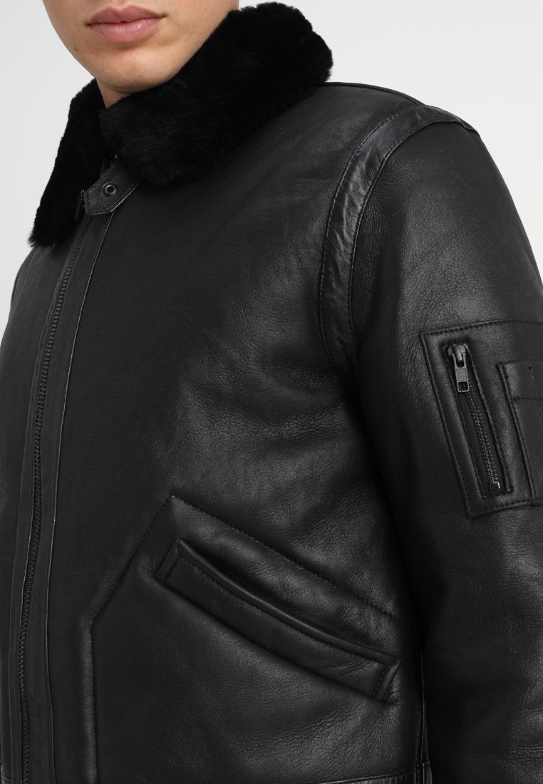 Men's Aviator Black Leather Black Shearling Jacket