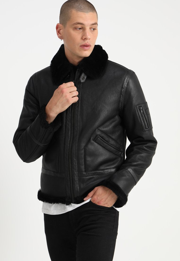 Men's Aviator Black Leather Black Shearling Jacket