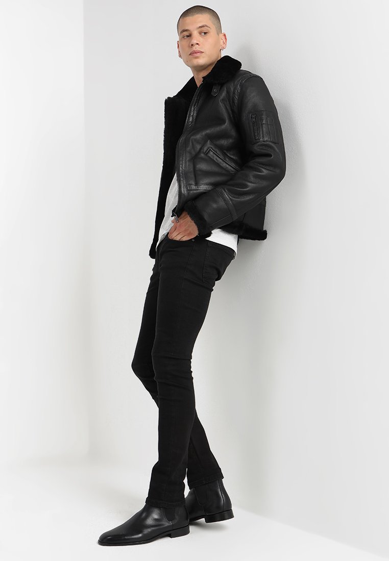 Men's Aviator Black Leather Black Shearling Jacket