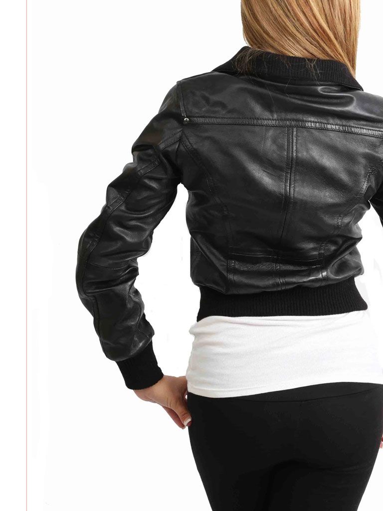Women’s Black Leather Short Bomber Jacket