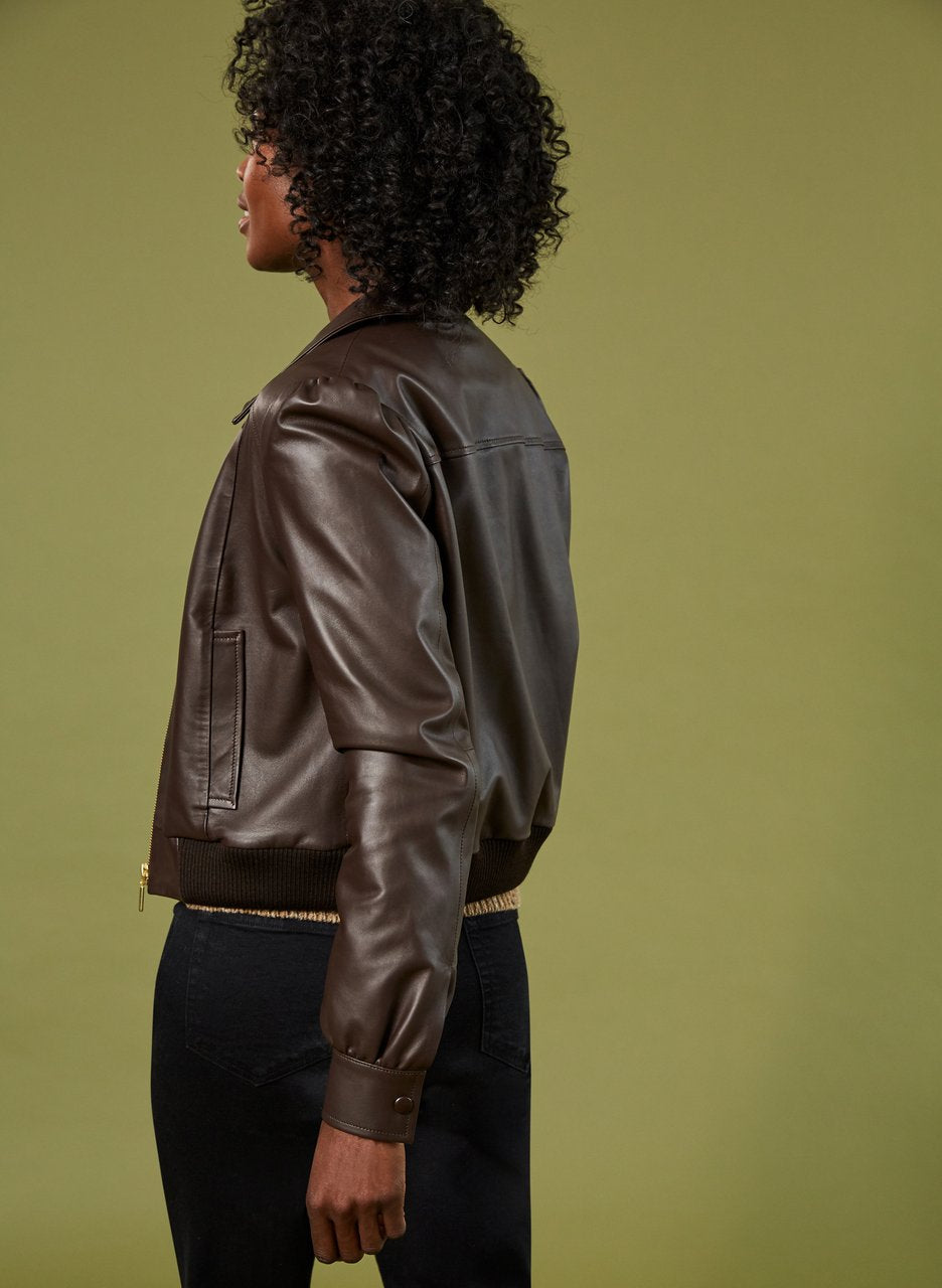 Women's Chocolate Brown Leather Bomber Jacket