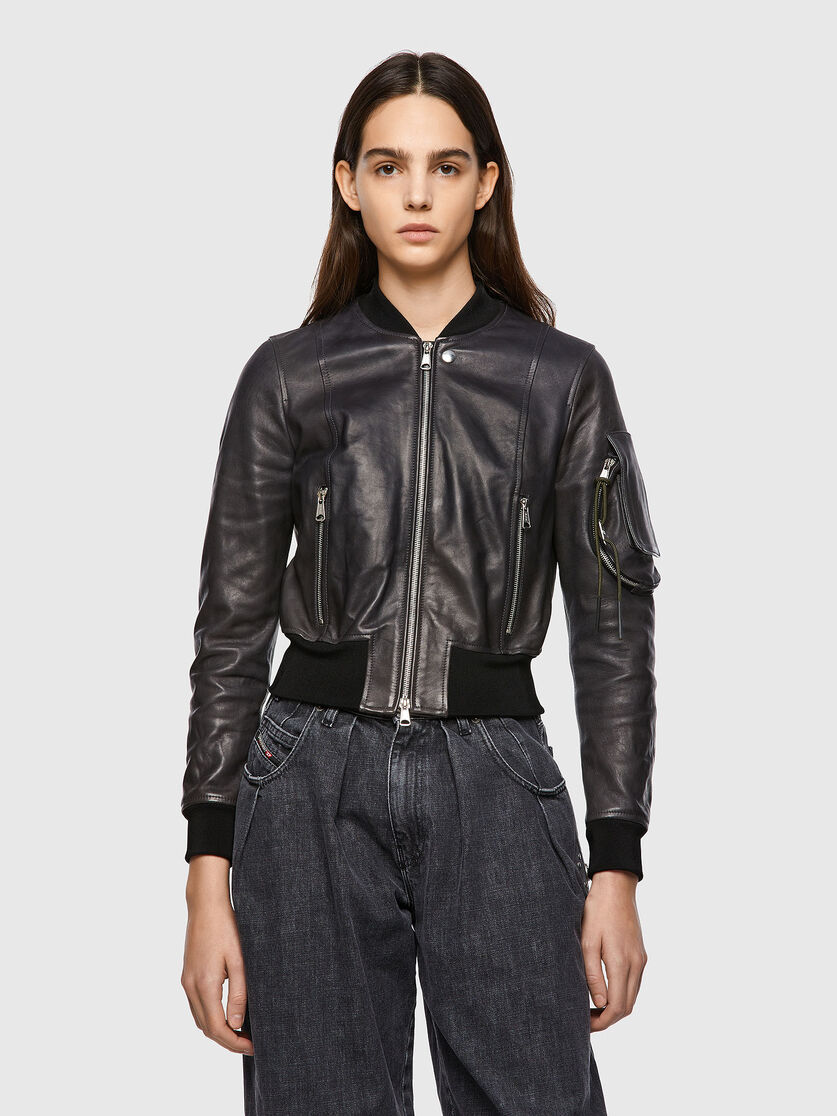 Women's Black Leather Bomber Jacket With Arm Pocket