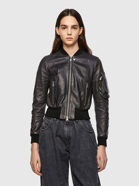 Women's Black Leather Bomber Jacket With Arm Pocket