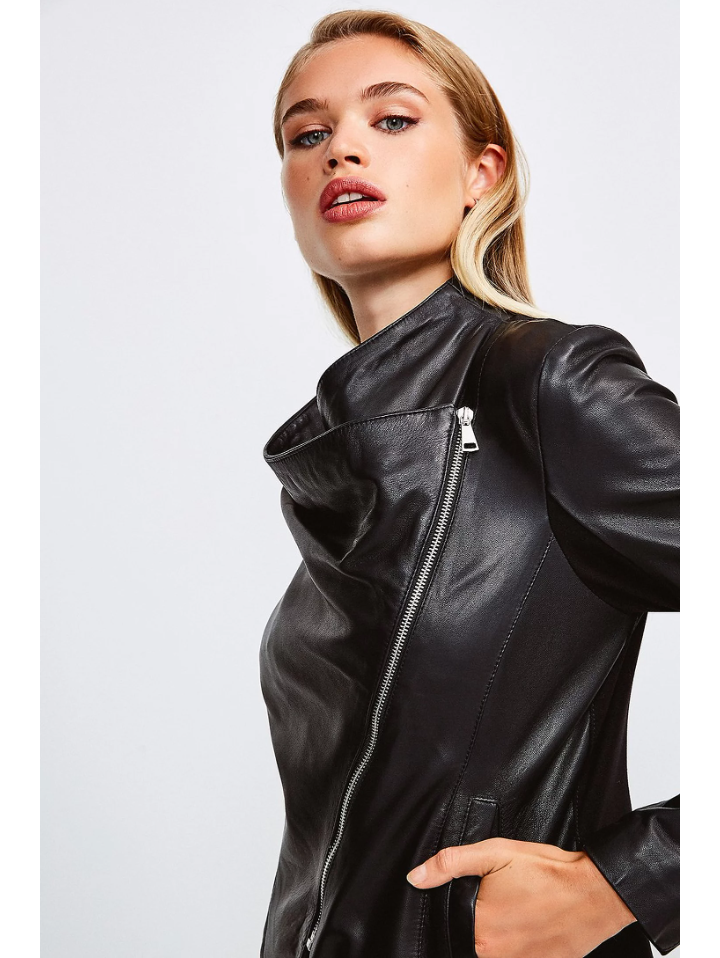 Women’s Black Leather Jacket Cotton Back