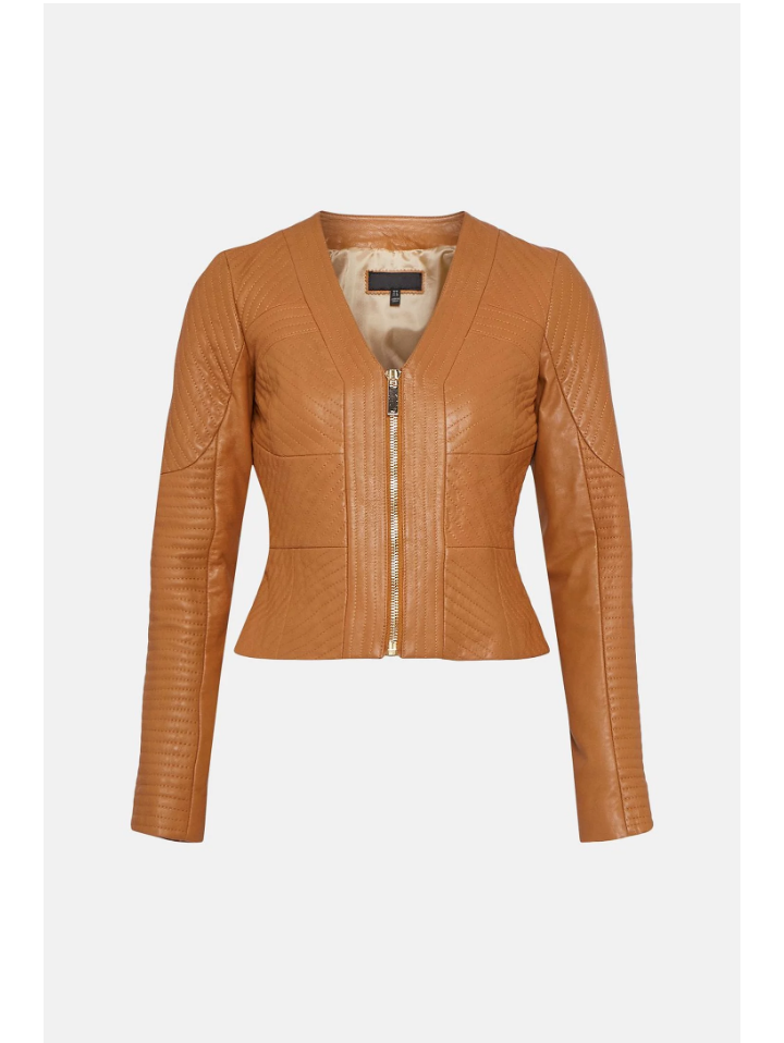 Women’s Tan Brown Leather Jacket V Neck
