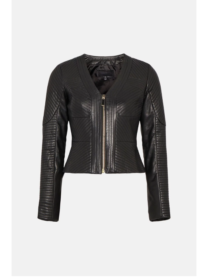 Women’s Black Leather Jacket V Neck