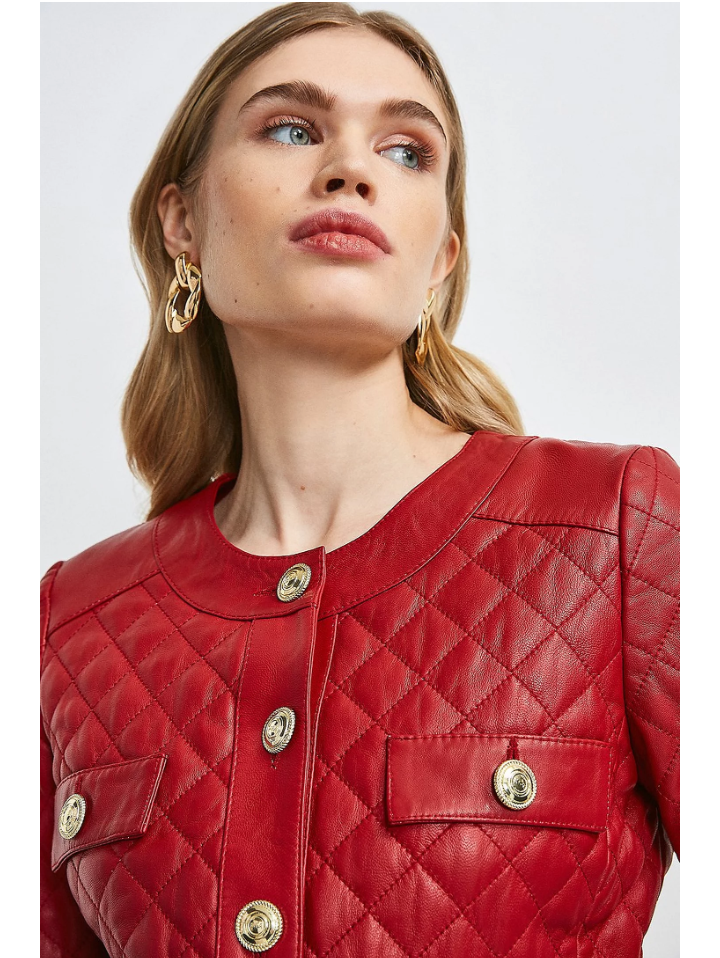 Women’s Wine Red Leather Jacket Golden Buttons