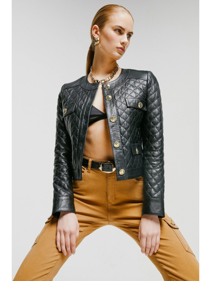 Women’s Black Leather Jacket Golden Buttons