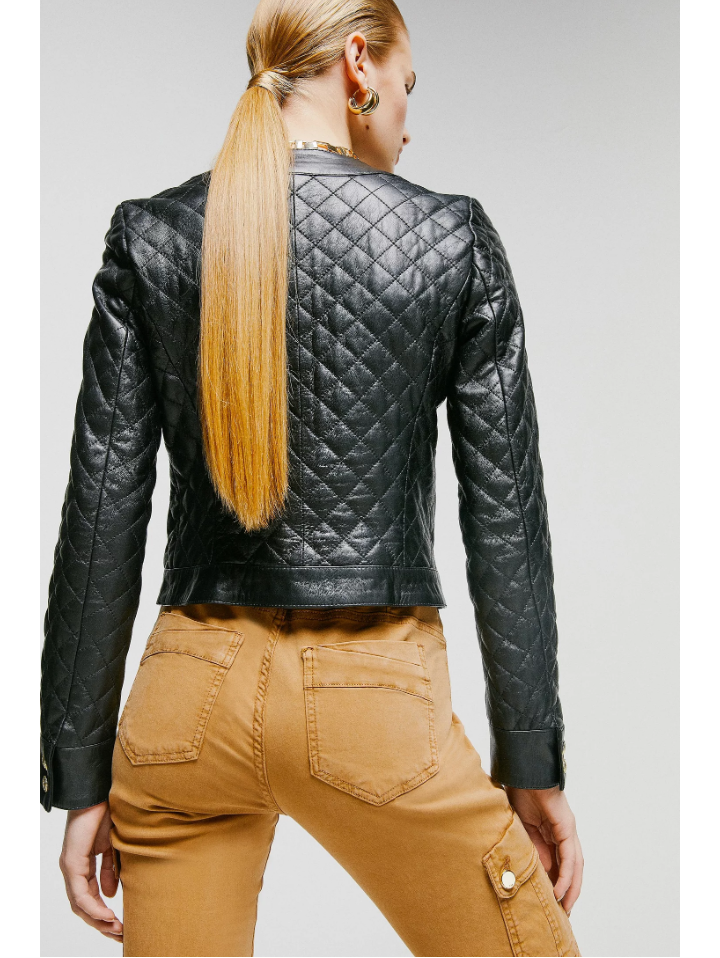 Women’s Black Leather Jacket Golden Buttons
