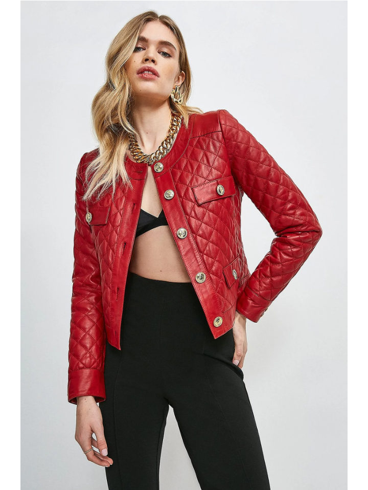 Women’s Wine Red Leather Jacket Golden Buttons