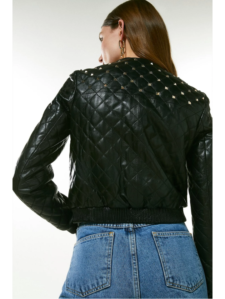 Women's Black Leather Studded Bomber Jacket